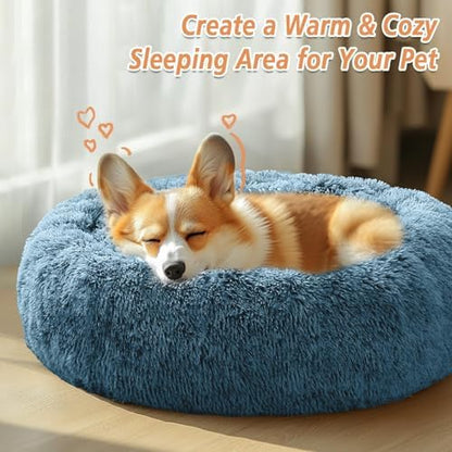 JOLLYVOGUE Calming Dog Bed for Small Dogs - 23 inches Donut Washable Small Dog Bed for Kittens & Puppies, Anti-Slip Round Fluffy Plush Faux Fur Cat Beds (Fits up to 25 lbs Pets, Blue)