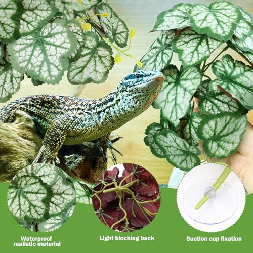 QUOZUO 2 Pack Reptile Plants for Terrarium, Artificial Leaves Habitat Decorations with Suction Cups, Terrarium Hanging Plants Vines for Bearded Dragons Lizards Snake Geckos Frogs - Green