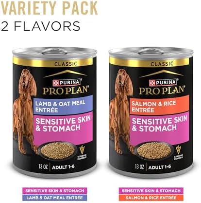 Purina Pro Plan Sensitive Skin and Stomach Wet Dog Food,Salmon and Rice-and Lamb-and Oat Meal Variety Pack - 13 oz. Cans,(Pack of 24)