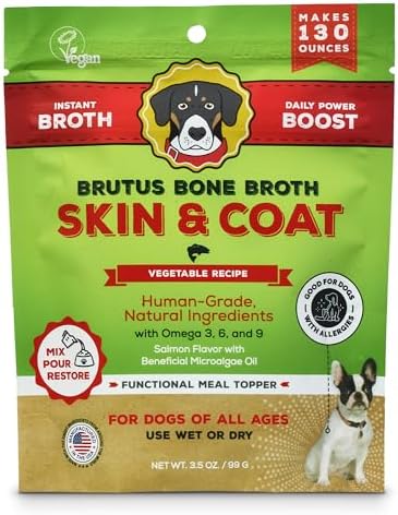 Brutus Broth Dog Food Topper - Instant Broth Powder with Omegas 3,6,9 from Microalgae Oil for Skin and Coat - Human-Grade Quality, Serve Dry or Wet - Vegetable Flavor, 3.5 oz (Pack of 1)