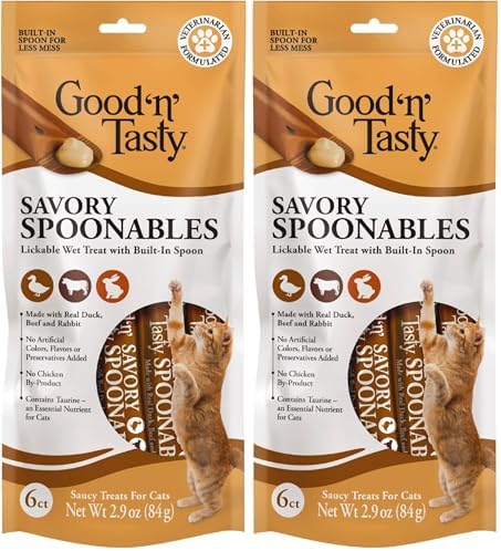 Good ‘n’ Tasty Savory Spoonables with Real Duck, Beef & Rabbit, 6 Count Tube, Triple Flavor Squeezable Lickable Wet Treats for Cats with Built-in Spoon for Less Mess (Pack of 2)
