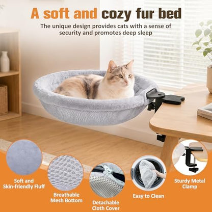 Cat Desk Bed Clamp On, 360 Swivel Faux Fur Perch, Gray