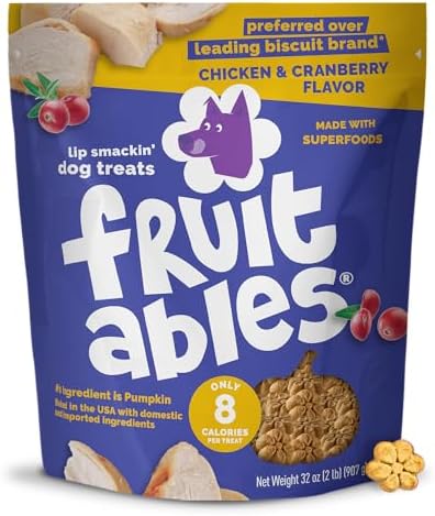 Fruitables Baked Dog Treats, Healthy Pumpkin Treat for Dogs, Low Calorie & Delicious, Made Without Wheat, Corn and Soy, Made in the USA, Allergy Friendly, Chicken and Cranberry Flavor, 32 oz