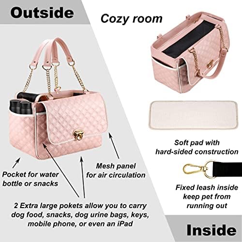 Fashion Dog Purse Carrier for Small Dogs with 2 Super-Large Pockets, Holds Up to 10lbs PU Leather Pet, Cat Carrier, Airline Approved Puppy Purse for Travel (Pink, Small Size)