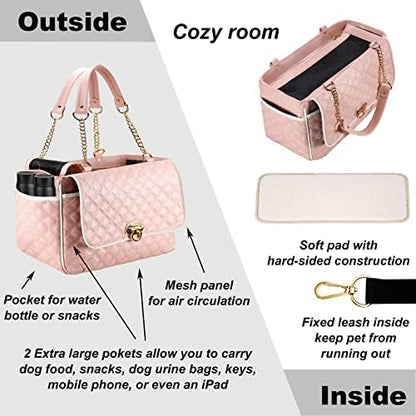 Fashion Dog Purse Carrier for Small Dogs with 2 Super-Large Pockets, Holds Up to 10lbs PU Leather Pet, Cat Carrier, Airline Approved Puppy Purse for Travel (Pink, Small Size)