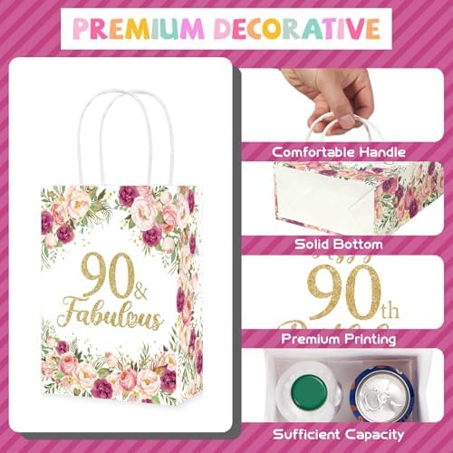 Greencian 16Pcs Flower 90th Birthday Party Favor Bags for Women