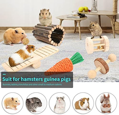 Hamster Toys Guinea Pig Toys Hamster Wheel Hamster Cage Accessories Small Animal Molar Chew Toys for Chinchillas,Gerbils,Mice,Rats,Mouse,Rabbit,Bunny Hideout Seesaw (12 Different chew Toys)