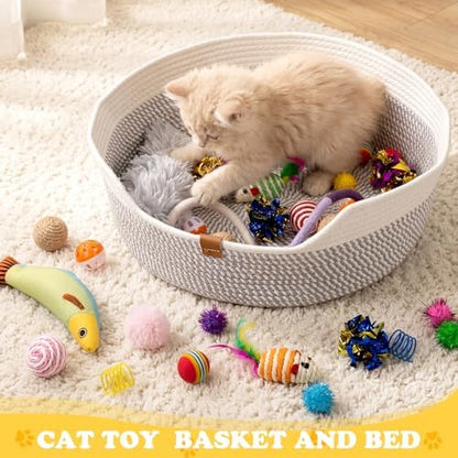 Leitee 40 Pcs Cat Toys with Cat Bed Storage Basket, White,Grey