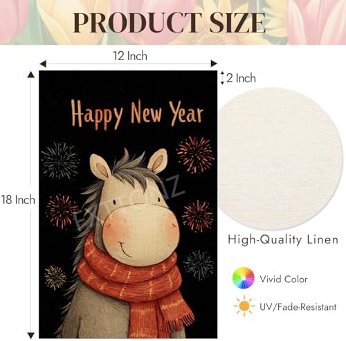 Happy New Year Garden Flag 12x18 Double Sided Vertical Linen Small Fireworks Horse House Flag Welcome Holiday Winter House Outdoor Outside Decorations (27163)