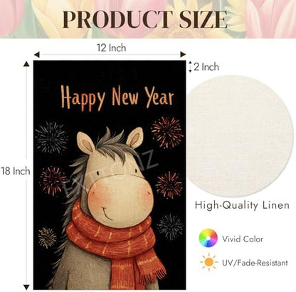 Happy New Year Garden Flag 12x18 Double Sided Vertical Linen Small Fireworks Horse House Flag Welcome Holiday Winter House Outdoor Outside Decorations (27163)