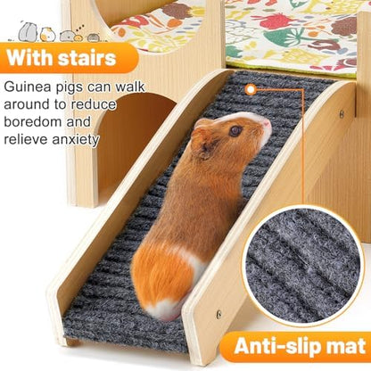 MEWTOGO Upgraded Sturdy Wooden Guinea Pig Castle with Stairs & Mat