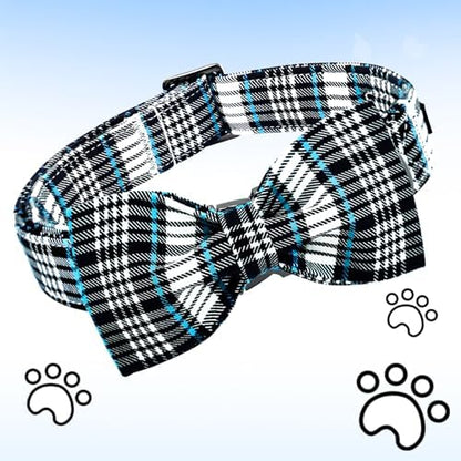 Lionheart glory Dog Bow Collar Blue and Black Plaid Dog Collar for X-Small Dogs,Boy Dog Collars with Bowtie Spring Summer Collars Soft Adjustable Pet Collar Bows