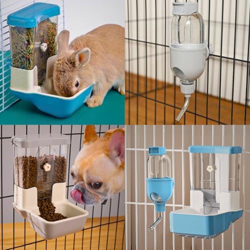 Automatic Pet Food Water Dispenser, Auto Gravity Pet Feeder Water Bottle Set for Crate Cage, Feeding Station for Small Dog Cat Rabbit Guinea Pigs Chinchilla Ferret Hedgehog (Gray)