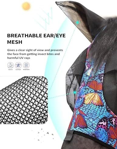Harrison Howard Stretch Fly Mask with Forelock Opening and Patterns Comfortable Breathable Snug Fitting Horse Fly Mask Butterfly L