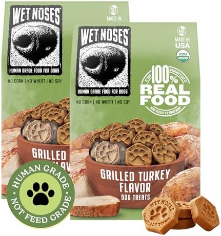 Wet Noses Organic Crunchy Dog Treats – All-Natural, Human-Grade, Non-GMO, Healthy Training & Delicious Snacks for Dogs, for All Dog Sizes & Breeds – Grilled Turkey, 14oz (2 Pack)