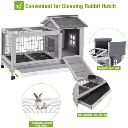 Wooden Rabbit Hutch Indoor and Outdoor, Rabbit Cage with Removable Wire Netting and Leak Proof Tray, Mobile Bunny Cage with Wheels (Grey)