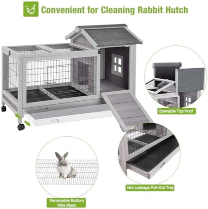 Wooden Rabbit Hutch Indoor and Outdoor, Rabbit Cage with Removable Wire Netting and Leak Proof Tray, Mobile Bunny Cage with Wheels (Grey)