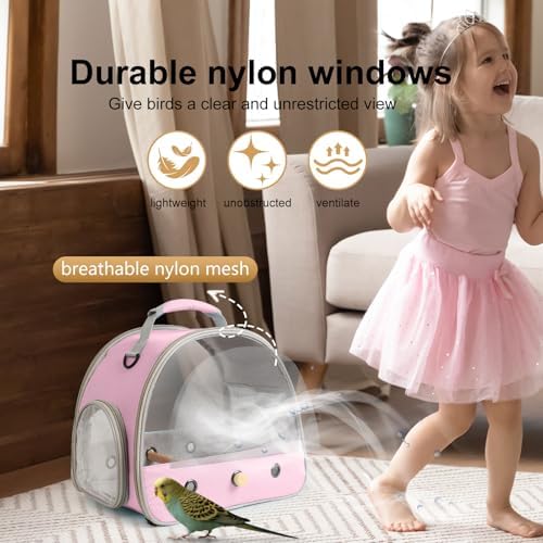 Bird Carrier, Portable Small Bird Parrot Parakeet Carrier with Standing Perch and Soft Mat, Side Access Window Collapsible (Pink, Mesh Windows)