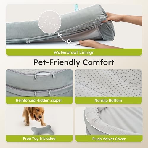 CWAWZ XXL Orthopedic Dog Bed, 53 in. Dog Bed for Large Sized Dogs with Full-Surround Bolsters, Dual-Sided Dog Cooling Beds with Memory Foam, Washable Pet Sofa Couch with Nonslip Bottom, Light Grey
