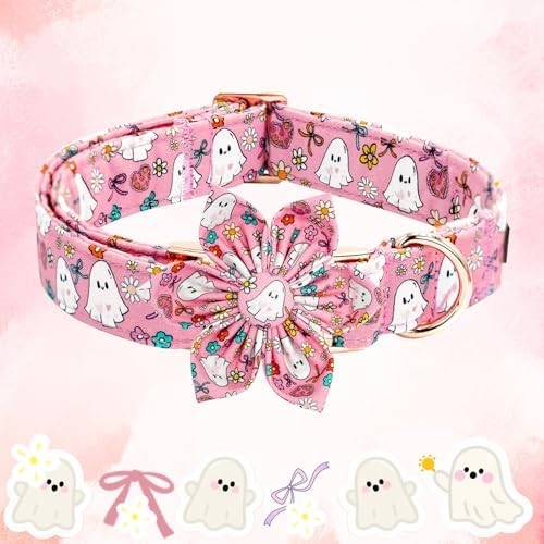 Elegant little tail Halloween Dog Collar, Pink Ghosts Print Dog Collar with Flower Puppy Collar Flower Female Cotton Adjustable Collars for Small Medium Large Dogs