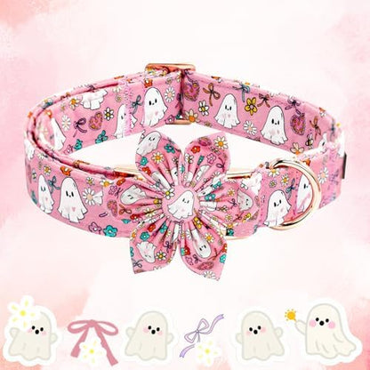 Elegant little tail Halloween Dog Collar, Pink Ghosts Print Dog Collar with Flower Puppy Collar Flower Female Cotton Adjustable Collars for Small Medium Large Dogs