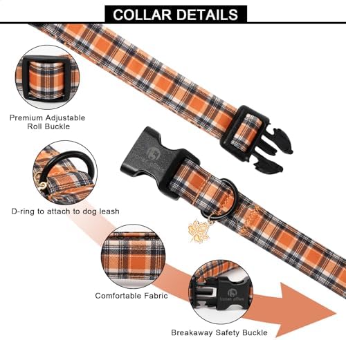 Lionet Paws Halloween Dog Collar- Cute Blank Orange Grid Fall Dog Collars with Plastic Buckle and Leaf Pendant,Light Thanksgivng Day Dog Collars for Medium Large Dogs