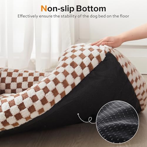 JOEJOY Dog Bed for Medium Small Dogs - Rectangle Orthopedic Dog Sofa Bed, Cute Modern Puppy Bed with Jacquard Shaggy Plush & Anti Slip Bottom, 25x21x8inches, Brown