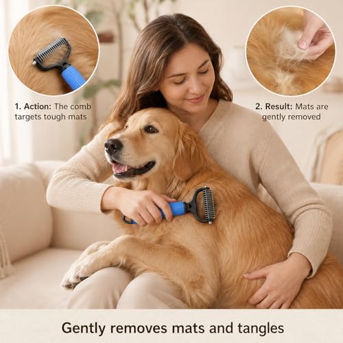 Pet Grooming Brush, Double-Sided Deshedding Dematting Tool for Dogs & Cats, Detangling Tool For Matted Fur, Ideal For Medium Or Long Haired Breeds (Pink)