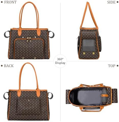 Minsong Fashion Pet Carrier Purse for Small Cat and Dog, Luxury Pu Soft-Sided Tote Bag with Large Pockets for Dogs and Puppies (Coffee, 15.8" L x 7.5" W x 11.8" H)