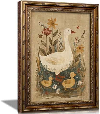 Vintage Gold Framed Goose Wall Art, Retro Floral Farm Animal Oil Painting Canvas Print, Antique Neutral Cottagecore Duck Wall Decor, Rustic Farmhouse Poster Artwork for Nursery Bedroom Living Room