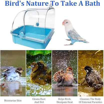 Tfwadmx Bird Cage Bath Hanging Bird Bath Supplies Parrot Bath Tub Water Shower Food Feeder Holder Tray for Small Birds Canary Budgies Cockatiel Lovebirds(Blue)