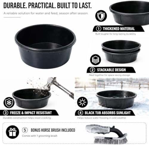 3 Pcs 1 Gallon Rubber Feed Pan with Cleaning Brush for Animals