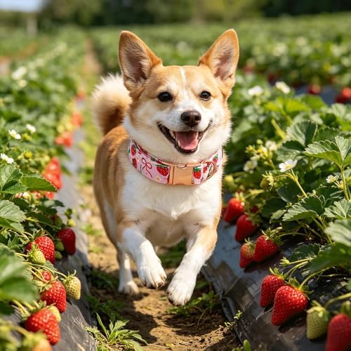 Spring Dog Collar, Red Strawberry Print Pet Collars Pink Cute Durable Metal Buckle Girl and Boy Dog Collars Adjustable for Small Medium Large Dogs