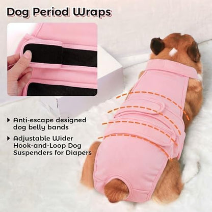 QBLEEV Dog Diapers with Suspenders, Female Escape-Proof Full Body Dog Period Diapers Overalls, Reusable Washable Sanitary Panties for Heat Cycle & Incontinence, Doggie Underwear Onesie with Tail Hole
