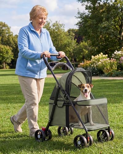 GTPLAYER Foldable Pet Stroller for Small Dogs and Cats, Hold Up to 33 lb, 4-Wheel Stroller with 2 Safety Tethers, Breathable Mesh, Lockable Front Wheels, Cup Holder/Tray & Storage Pocket, Forest Green
