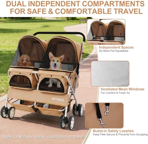 Double Pet Stroller for 2 Small Dogs & Cats, Side-by-Side Twin Travel Carriage with Safety Leashes, Mesh Windows & Double Storage Baskets, Lightweight & Foldable, 44lbs Capacity, Khaki