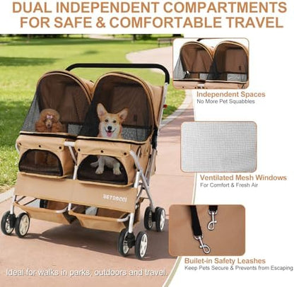 Double Pet Stroller for 2 Small Dogs & Cats, Side-by-Side Twin Travel Carriage with Safety Leashes, Mesh Windows & Double Storage Baskets, Lightweight & Foldable, 44lbs Capacity, Khaki
