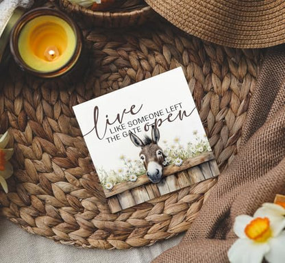 Donkey Bathroom Decor Sign - FarmHouse Cottagecore Animal Wooden Signs,Rustic Farmhouse Live Like Someone Left The Gate Open Wood Sign Home Decor,Donkey Signs For Bathroom