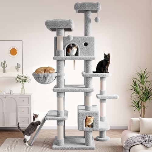 SHA CERLIN 82 inch, Multi-Level Cat Tree Tower for Indoor Cats, Cat Condo with Sisal Scratching Posts, Plush Perches, Hammocks, Toy Balls，Grey