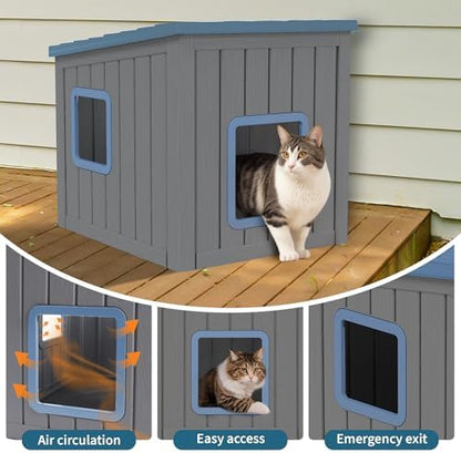 NUNU LAB Cat Litter Box Enclosure, Outdoor Cat House – Weatherproof & UV Resistant PP Material Shelter with Sloped Asphalt Roof, Durable Cat Condo for Garden, Patio, and Backyard (Blue, Large)