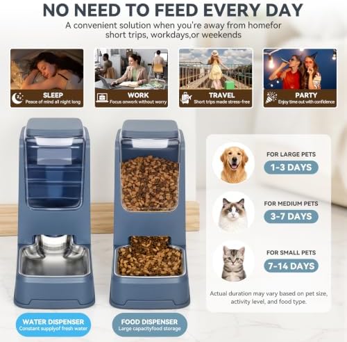2 Pack Automatic Cat Feeder Stainless Steel Gravity Food and Water Dispenser for Small Medium Kitten Puppy Pets (Blue)