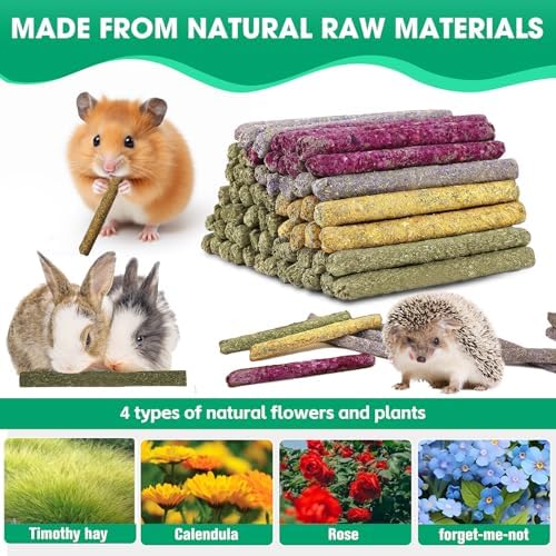 Jorewood 33 Pcs Rabbit Chew Sticks, Rabbit, Guinea Pig Toys, Natural Timothy Grass Molar Teeth Stick, Mixing Flowers Chewing Toy, Small Animals Treats