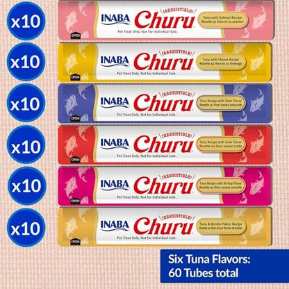 INABA Churu Cat Treats, Lickable, Squeezable Creamy Purée Cat Treat with Green Tea Extract & Taurine, 0.5 Ounces Each Tube, 60 Tubes, Tuna Variety Box