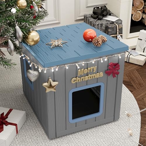 NUNU LAB Cat Litter Box Enclosure, Outdoor Cat House – Weatherproof & UV Resistant PP Material Shelter with Sloped Asphalt Roof, Durable Cat Condo for Garden, Patio, and Backyard (Blue, Large)
