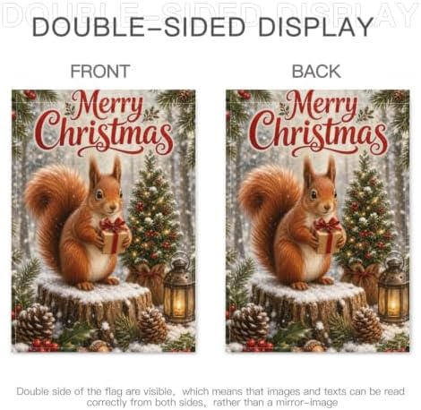 Christmas Squirrel House Flag 28x40 Inch Merry Holiday Gift Tree Lantern Pinecone Holly Snowy Woodland Rustic Outdoor Yard Lawn Porch Double Sided Banner Farmhouse Welcome Decor