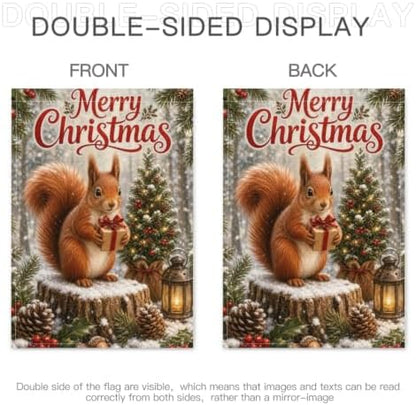 Christmas Squirrel House Flag 28x40 Inch Merry Holiday Gift Tree Lantern Pinecone Holly Snowy Woodland Rustic Outdoor Yard Lawn Porch Double Sided Banner Farmhouse Welcome Decor