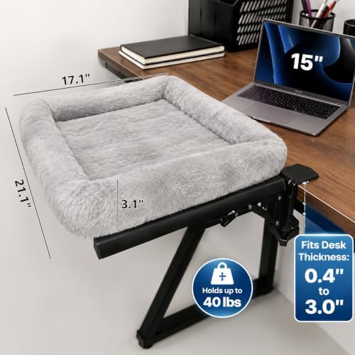 Extra Large Cat Desk Bed 21"x17", One-Click Folding Cat Hammock for Desk, Heavy Duty Holds 40 lbs, Fits 0.4"-3" Desktops, Washable Faux Fur - Gray