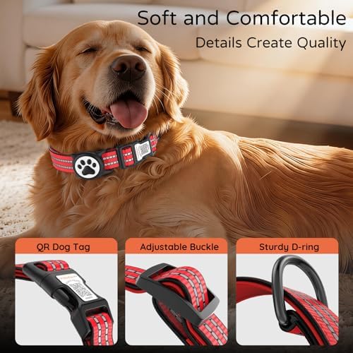 Waterproof AirTag Dog Collar with QR Code Dog Tag, Red L