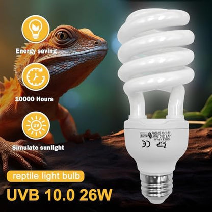 UVB Reptile Light, 10.0 26W UVA UVB Light for Reptiles, Spiral Compact Fluorescent UVB Bulb for Bearded Dragons Tortoise Lizards and Snakes