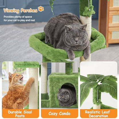 Athena Collection Small Cat Tree Tower with Scratching Post, 32 Inch Modern Cute Cat Tree Condo with Cozy Perch Haing Ball Green Leaves for Kittens Indoor Playing, Green